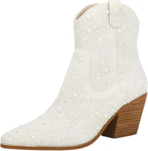 Pearl Wedding Cowgirl Boots Womens Sparkly Rhinestone Cowboy Ankle Boots Chunky Stacked Heel Western Booties