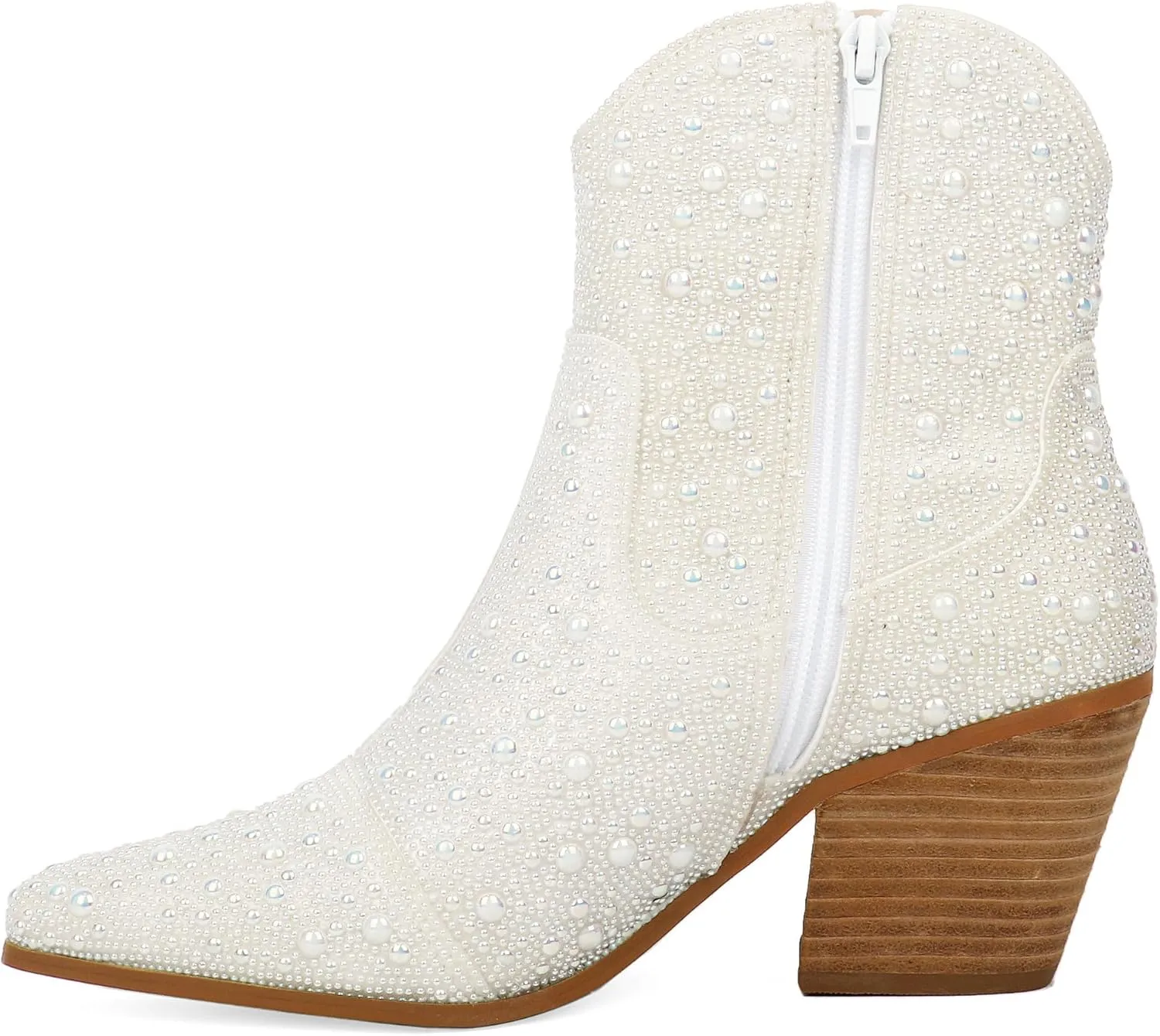 Pearl Wedding Cowgirl Boots Womens Sparkly Rhinestone Cowboy Ankle Boots Chunky Stacked Heel Western Booties