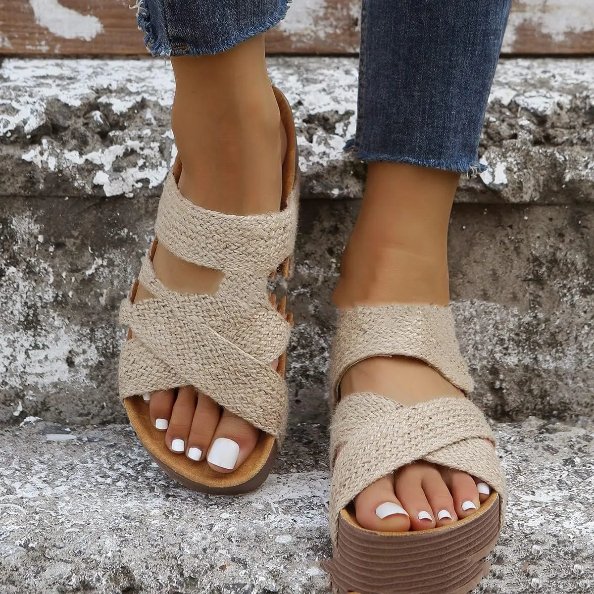 pearlzone Women Flat Sandals Braided Vamp Woven Crossover Summer Durable Handcrafted Leather Sandals