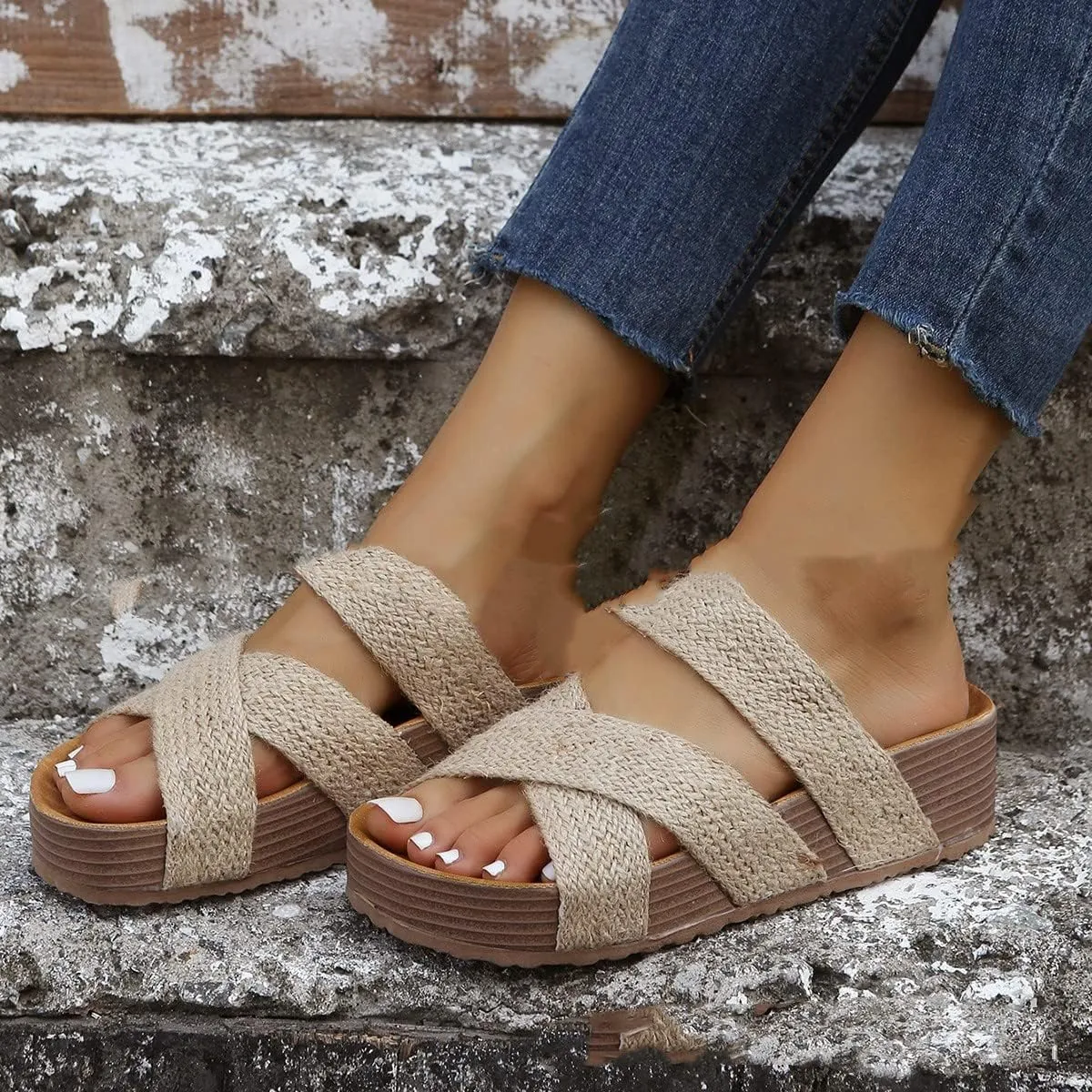pearlzone Women Flat Sandals Braided Vamp Woven Crossover Summer Durable Handcrafted Leather Sandals