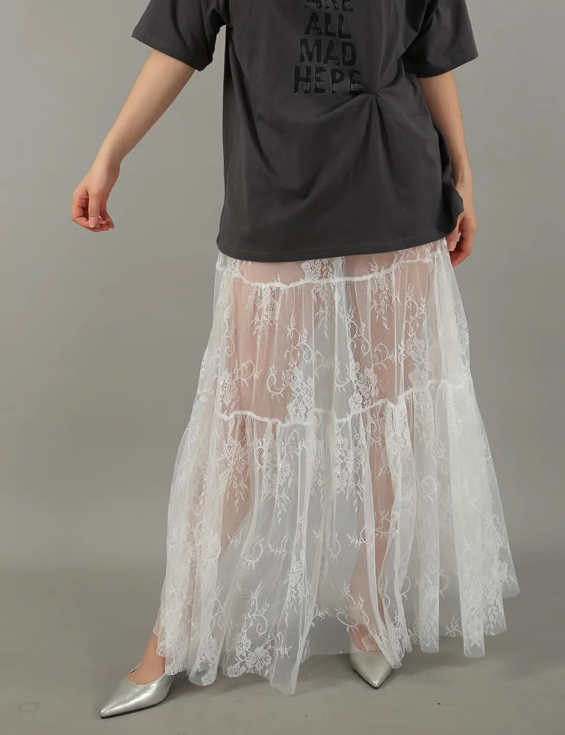 Perbai Women's Sexy Sheer Lace Skirt High Waisted Floral Embroidered Ruffled A Line Long Maxi Beach Skirts