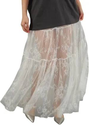 Perbai Women's Sexy Sheer Lace Skirt High Waisted Floral Embroidered Ruffled A Line Long Maxi Beach Skirts