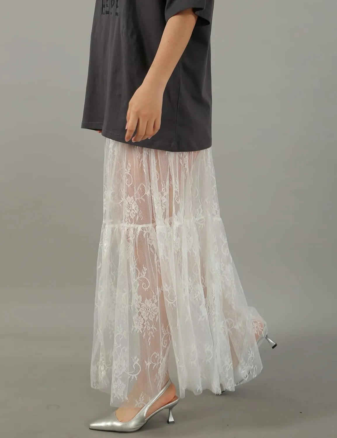 Perbai Women's Sexy Sheer Lace Skirt High Waisted Floral Embroidered Ruffled A Line Long Maxi Beach Skirts