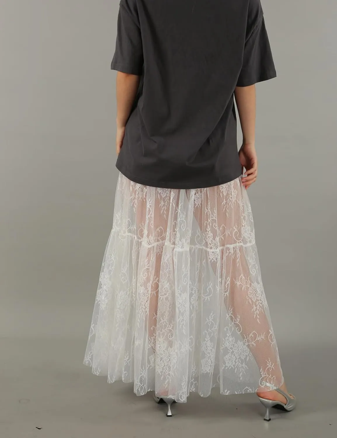 Perbai Women's Sexy Sheer Lace Skirt High Waisted Floral Embroidered Ruffled A Line Long Maxi Beach Skirts