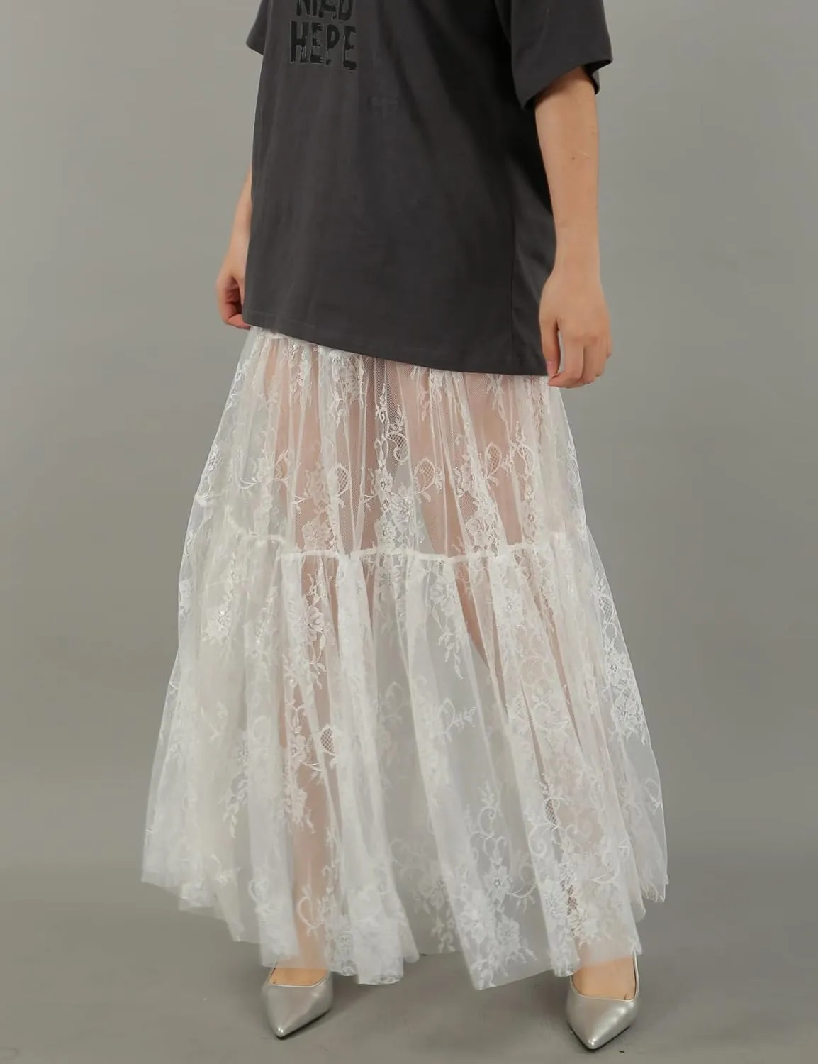 Perbai Women's Sexy Sheer Lace Skirt High Waisted Floral Embroidered Ruffled A Line Long Maxi Beach Skirts