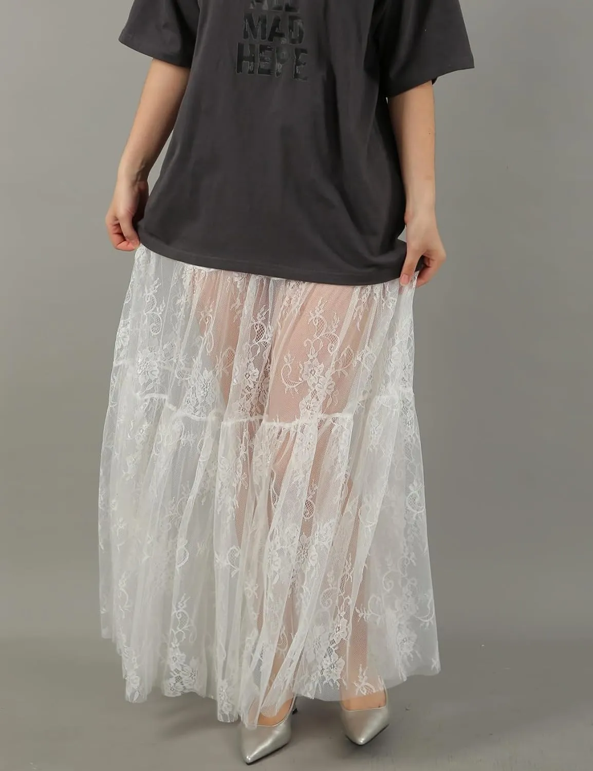 Perbai Women's Sexy Sheer Lace Skirt High Waisted Floral Embroidered Ruffled A Line Long Maxi Beach Skirts
