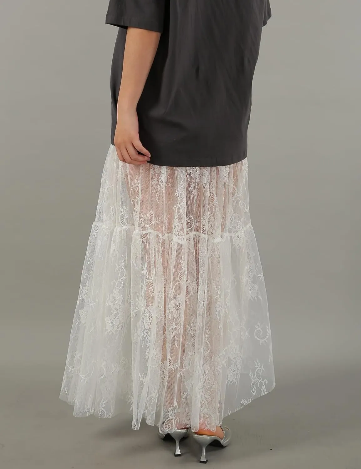 Perbai Women's Sexy Sheer Lace Skirt High Waisted Floral Embroidered Ruffled A Line Long Maxi Beach Skirts