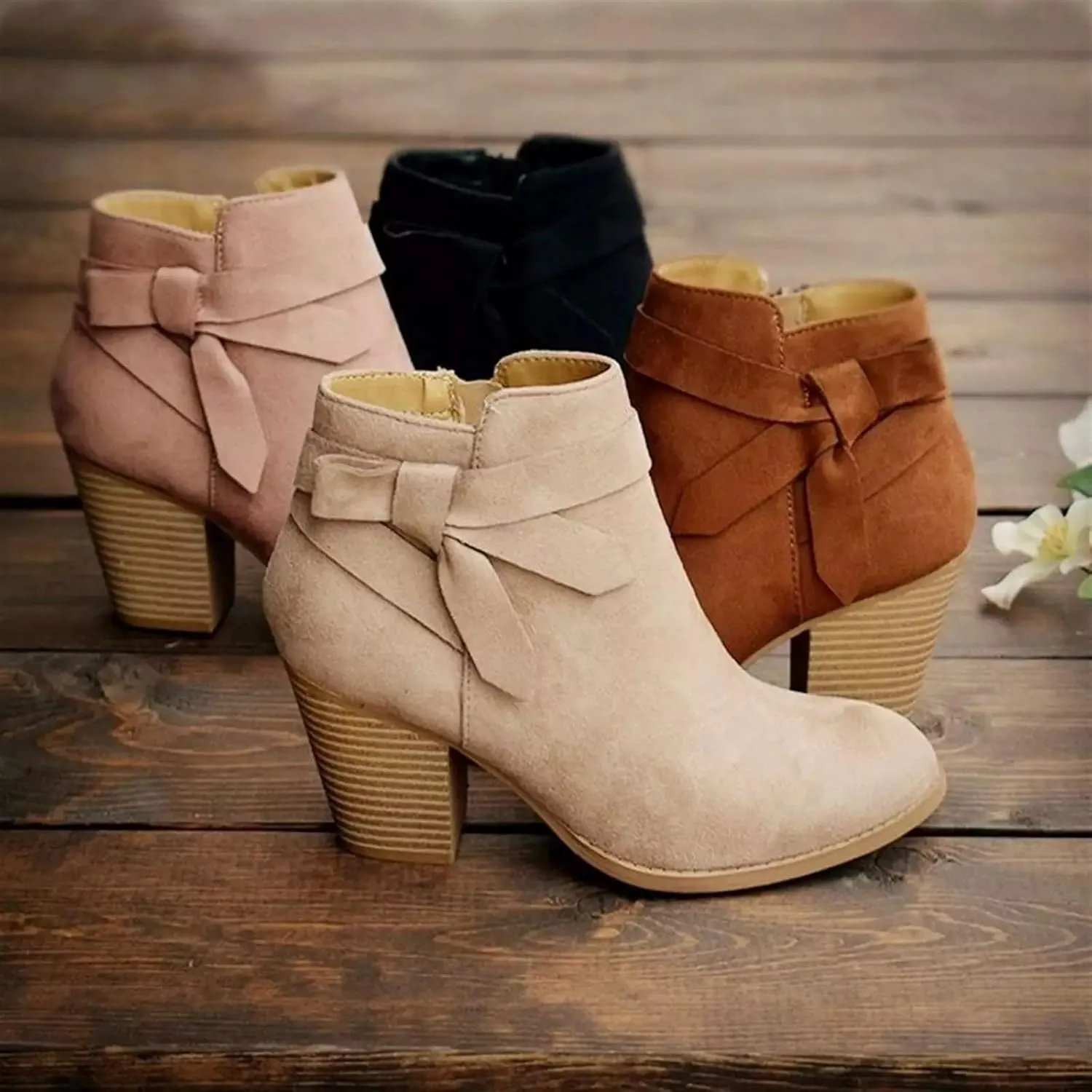 PiePieBuy Women's Tie Knot Chelsea Pump Ankle Boots Closed Toe Stacked Heel Booties Shoes