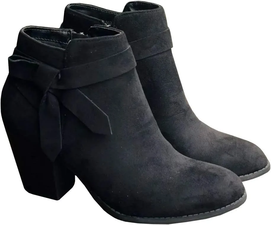 PiePieBuy Women's Tie Knot Chelsea Pump Ankle Boots Closed Toe Stacked Heel Booties Shoes
