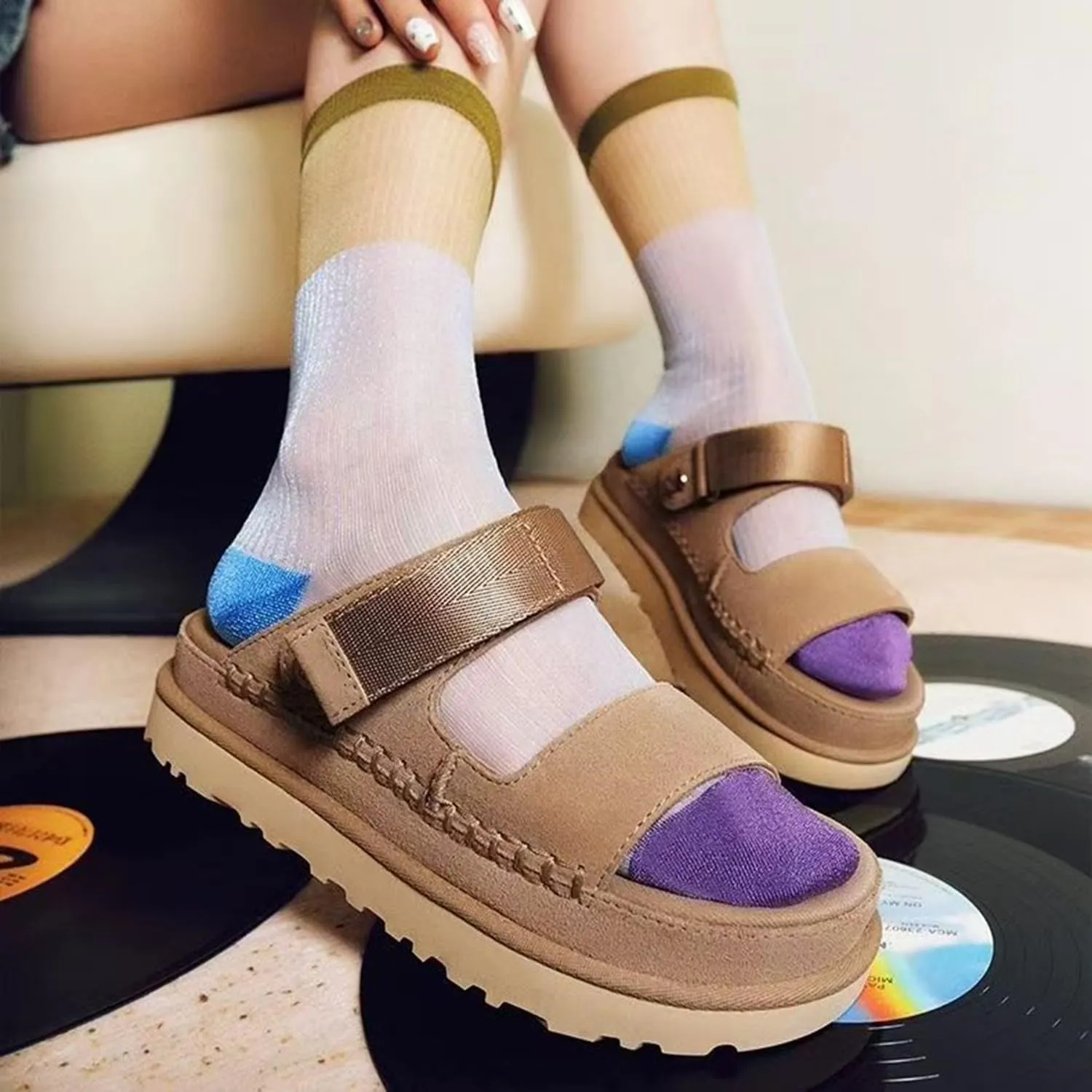 Platform Suede Sandals for Women Comfortable Slides Adjustable Strap Non Slip Lightweight Women’s Flat Sandals Casual Slip On Slippers for Summer