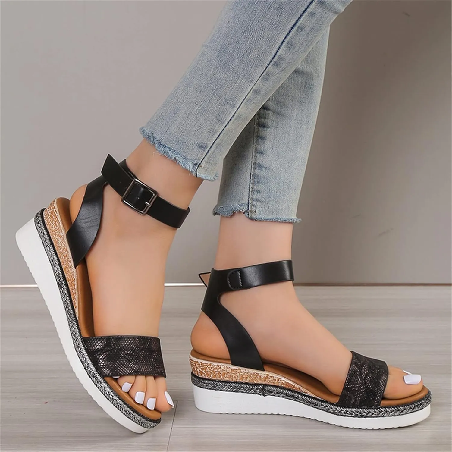 Platform Wedge Sandals for Women Comfortable Ankle Strap Wide Width Espadrilles Wedges for Women 2025 Summer Open Toe Low Heel Sandals Casual Sandals Ladies Strappy Sandals ﻿