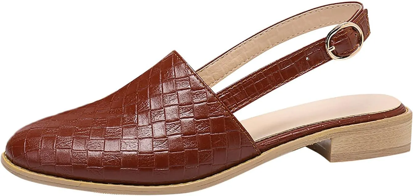 Pointed Toe Sandal for Women Fashion Weave Strap Buckle Baotou Closed Toe Low Heel Sandalias Solid Color Comfortable Casual Stacked Heel Shoes