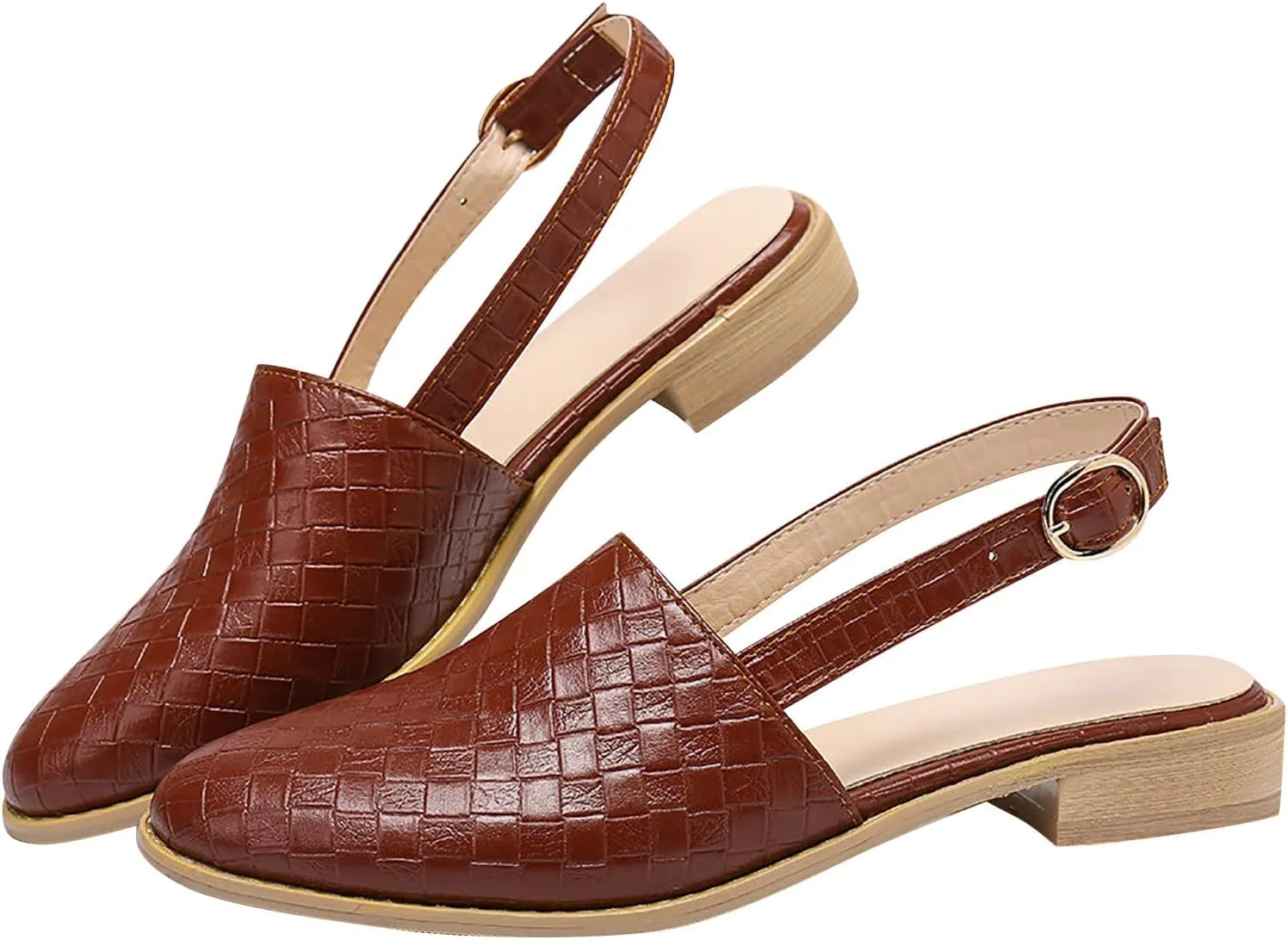 Pointed Toe Sandal for Women Fashion Weave Strap Buckle Baotou Closed Toe Low Heel Sandalias Solid Color Comfortable Casual Stacked Heel Shoes