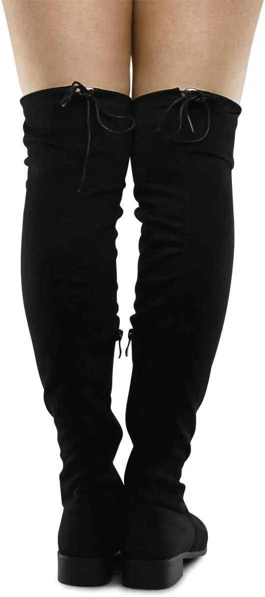 Premier Standard - Women's Fashion Comfy Vegan Suede Block Heel Side Zipper Back Lace Thigh High Over The Knee Boots