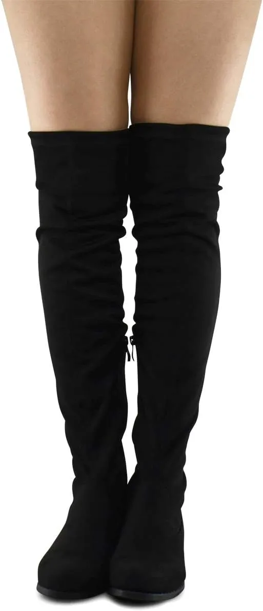 Premier Standard - Women's Fashion Comfy Vegan Suede Block Heel Side Zipper Back Lace Thigh High Over The Knee Boots
