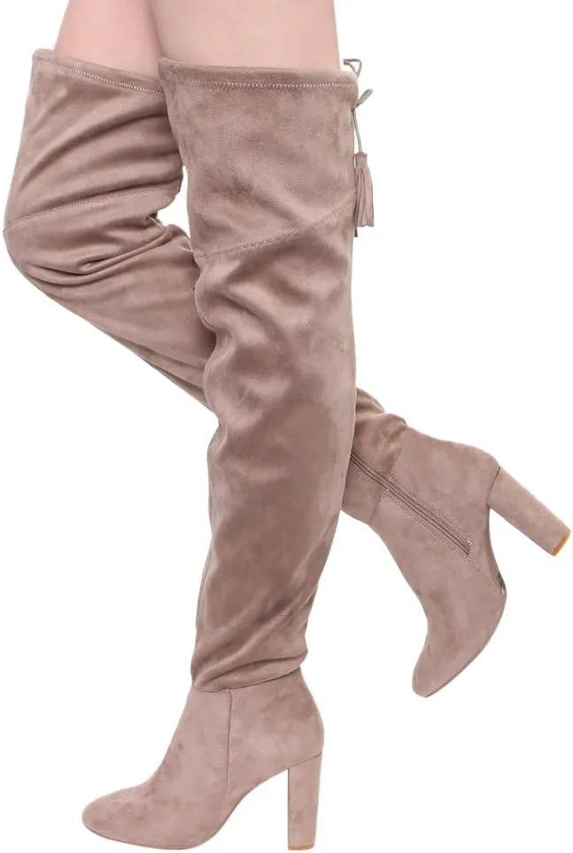 Qupid York-12 Women's Pull On Stretchy Over The Knee Block Heel Boots