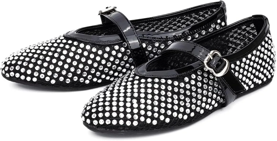 Rhinestone Women's Mesh Ballet Flats with Buckle Strap Mary Jane Ballerina Shoes Comfy Casual Dress Shoes Office Black