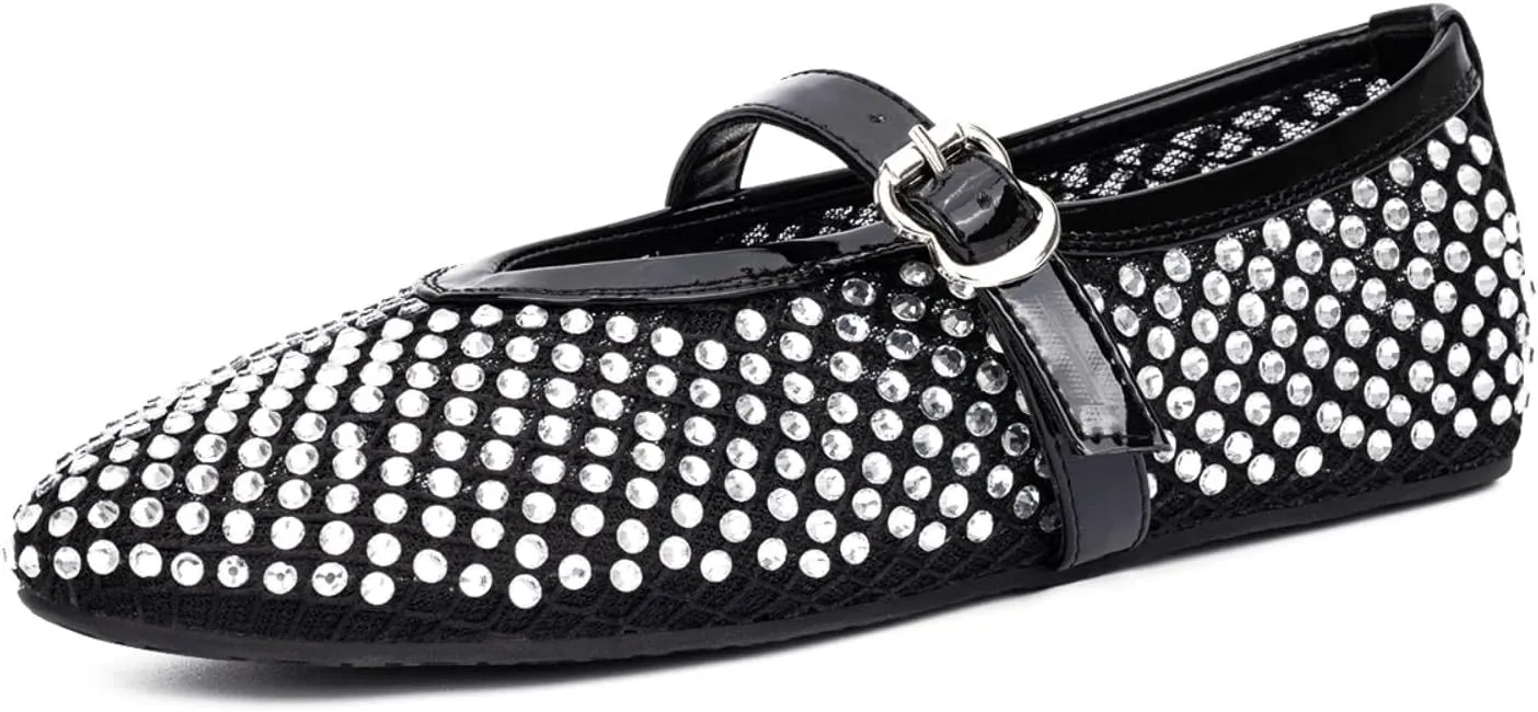 Rhinestone Women's Mesh Ballet Flats with Buckle Strap Mary Jane Ballerina Shoes Comfy Casual Dress Shoes Office Black