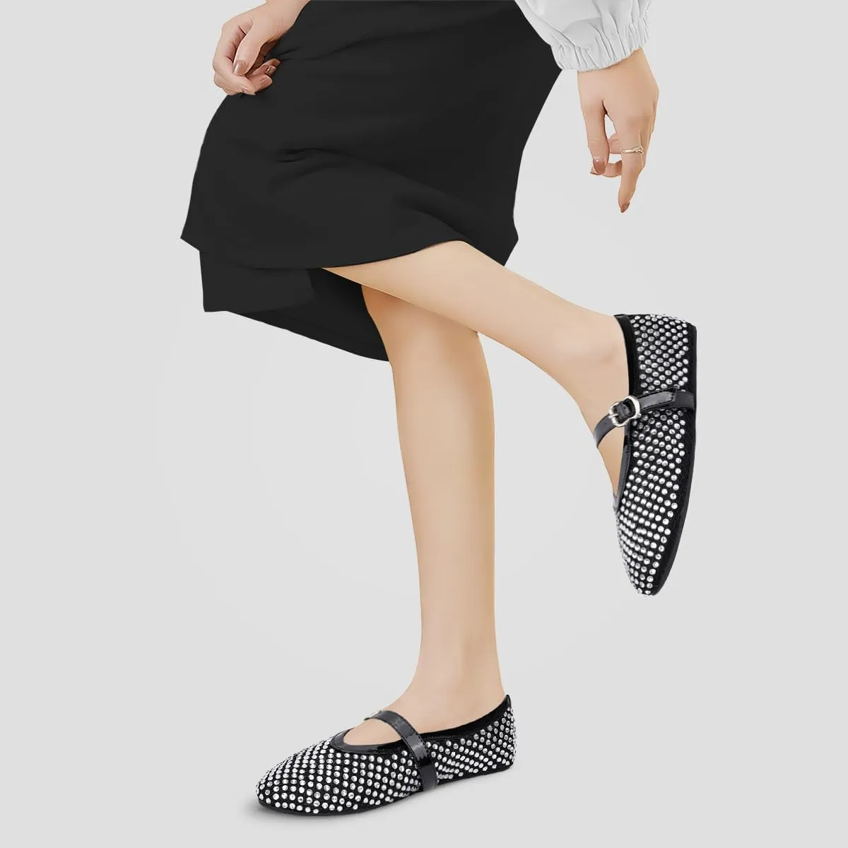 Rhinestone Women's Mesh Ballet Flats with Buckle Strap Mary Jane Ballerina Shoes Comfy Casual Dress Shoes Office Black