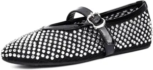 Rhinestone Women's Mesh Ballet Flats with Buckle Strap Mary Jane Ballerina Shoes Comfy Casual Dress Shoes Office Black