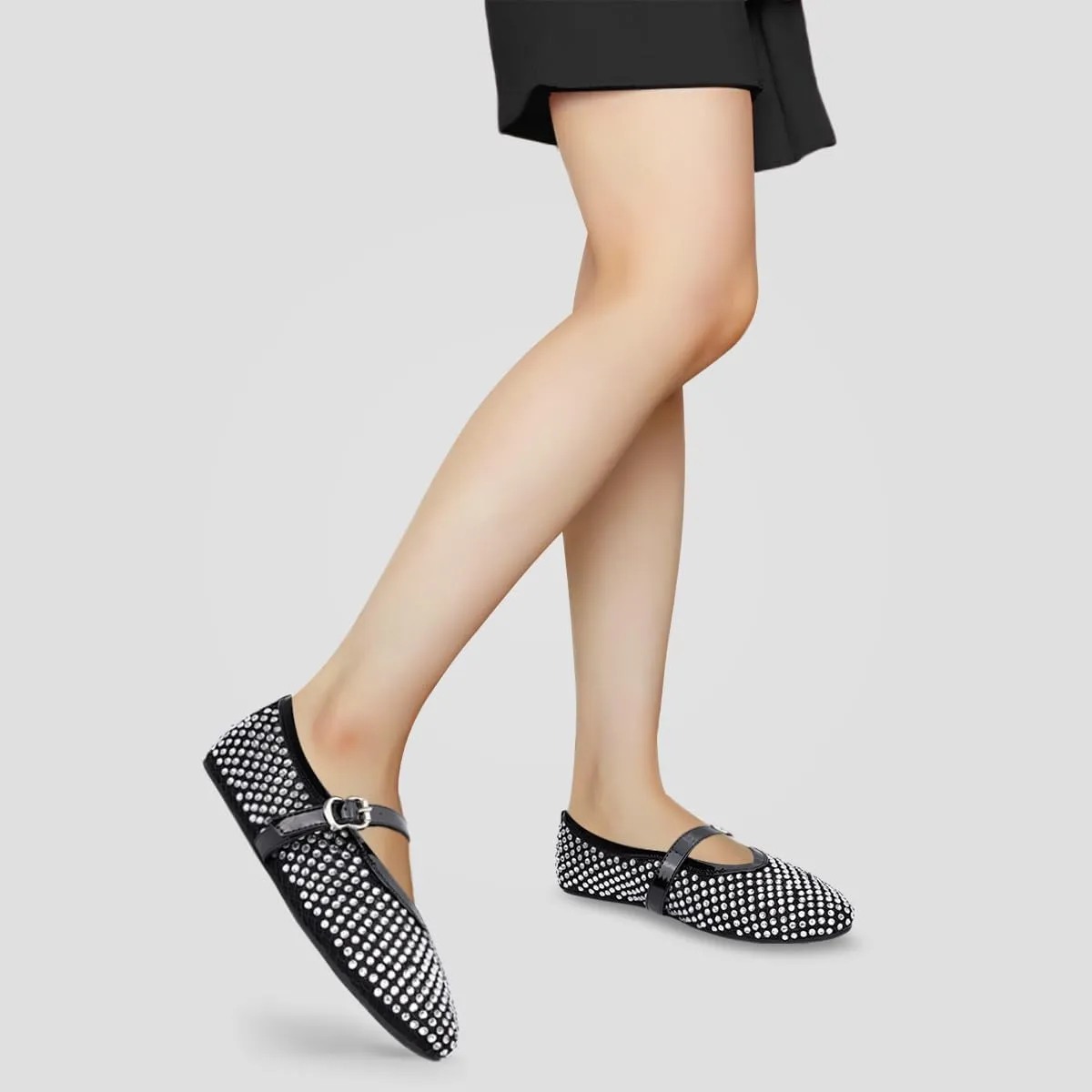 Rhinestone Women's Mesh Ballet Flats with Buckle Strap Mary Jane Ballerina Shoes Comfy Casual Dress Shoes Office Black