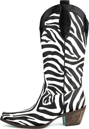 Richealnana Cowboy Boots for Women Embroidered Square Toe Distressed Pull-On Cowgirl Knee High Western Boots