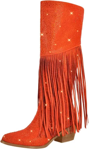 richealnini Embellished Rhinestones Knee High Boots with Fringe and Zippers Side Zip Up Stacked Heels Long Booties Wedding Bridal Shoes