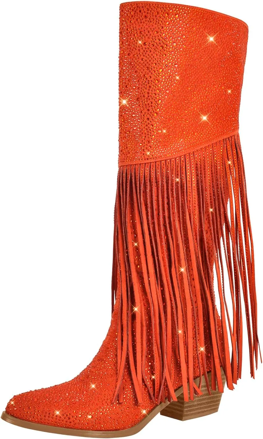 richealnini Embellished Rhinestones Knee High Boots with Fringe and Zippers Side Zip Up Stacked Heels Long Booties Wedding Bridal Shoes