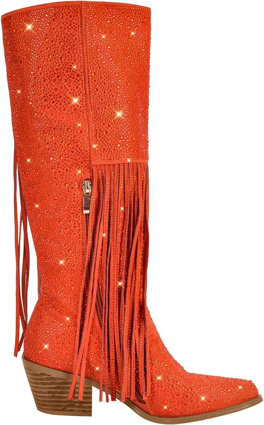 richealnini Embellished Rhinestones Knee High Boots with Fringe and Zippers Side Zip Up Stacked Heels Long Booties Wedding Bridal Shoes