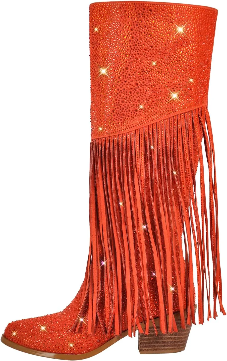 richealnini Embellished Rhinestones Knee High Boots with Fringe and Zippers Side Zip Up Stacked Heels Long Booties Wedding Bridal Shoes
