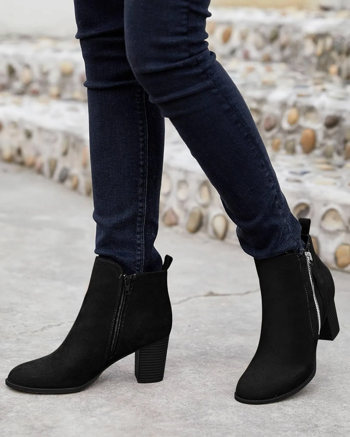 Rilista Ankle Boots for Women Chunky Block Heel Side Zipper Pointd Toe Suede Fall Winter Bootie Shoes