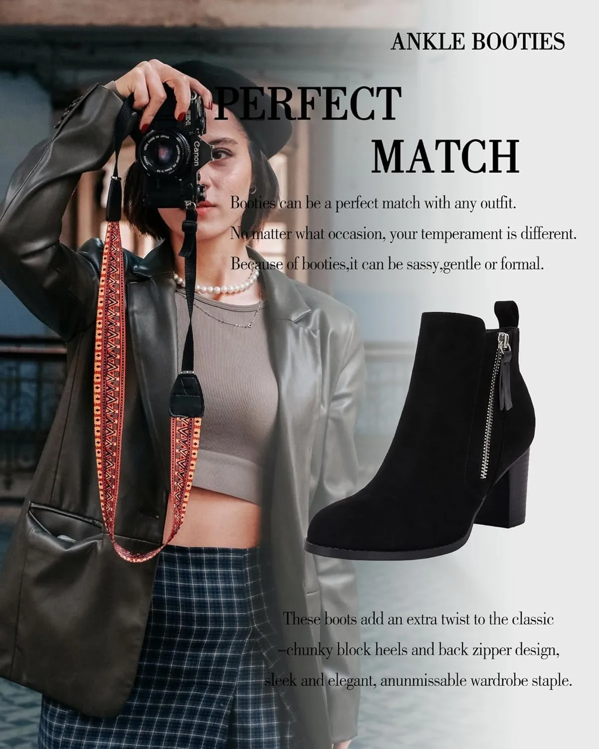 Rilista Ankle Boots for Women Chunky Block Heel Side Zipper Pointd Toe Suede Fall Winter Bootie Shoes