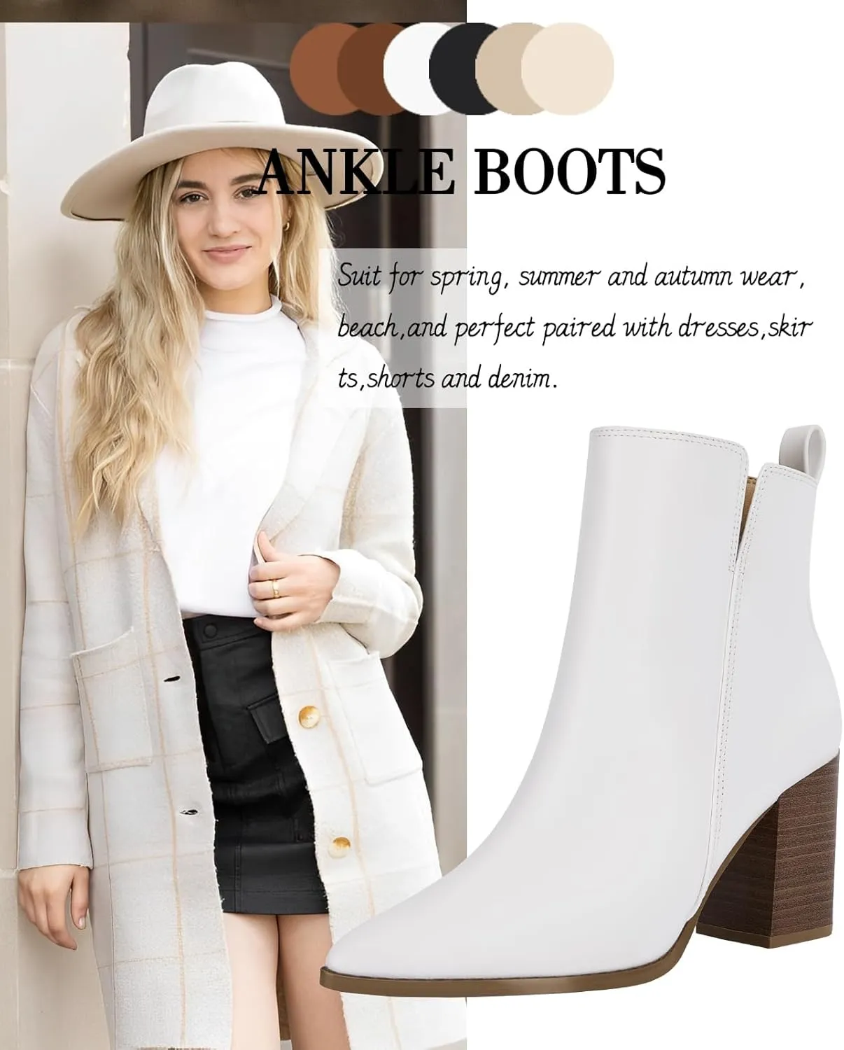 Rilista Womens V Cutout Ankle Boots Pointed Toe Chunky Block Stacked Heel Booties Side Zipper Shoes