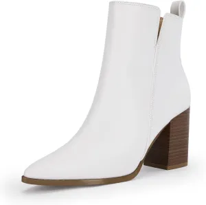 Rilista Womens V Cutout Ankle Boots Pointed Toe Chunky Block Stacked Heel Booties Side Zipper Shoes
