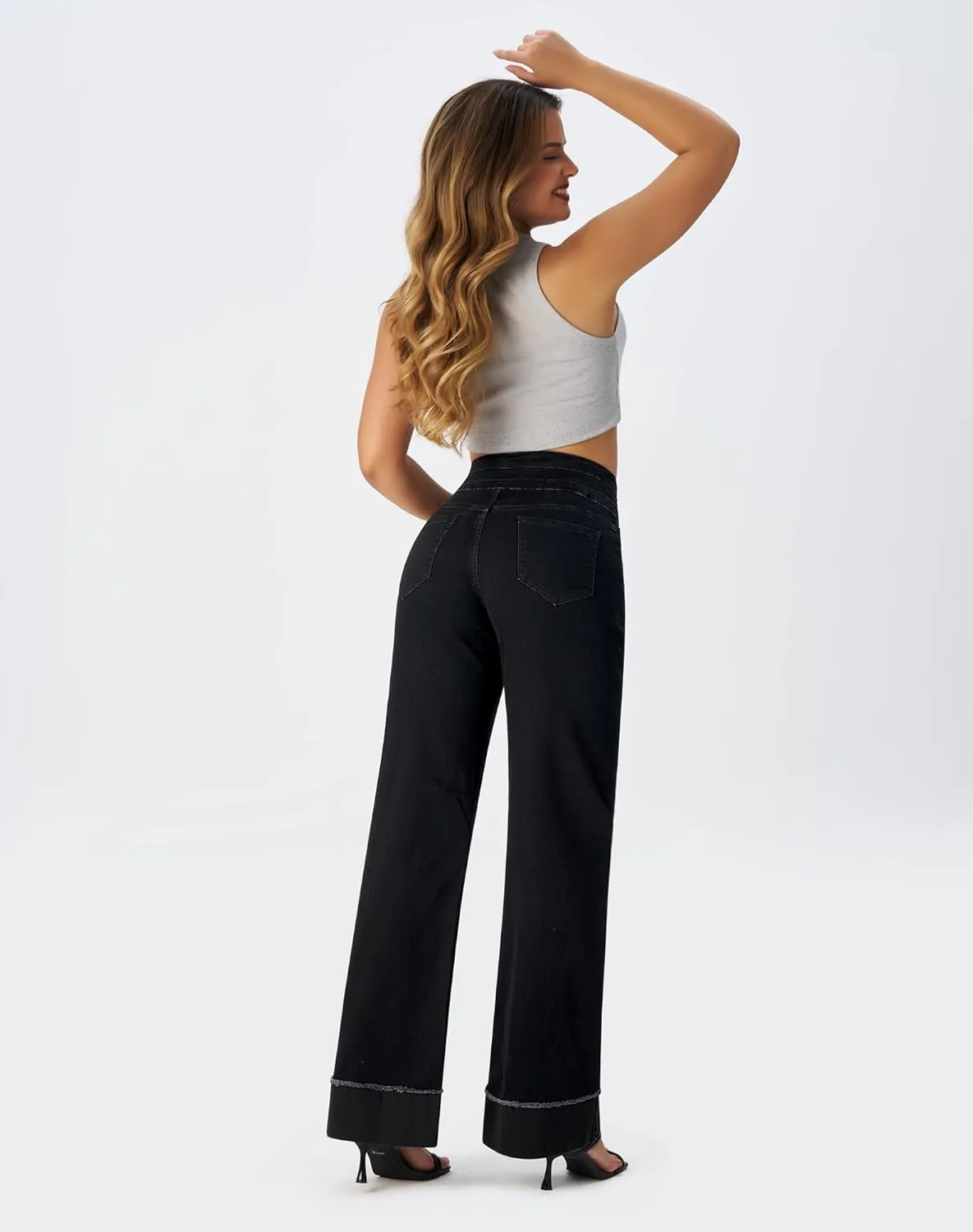 roswear Women's High Waisted Stretchy Wide Leg Jeans Cuffed Baggy Jeans Loose Denim Pants