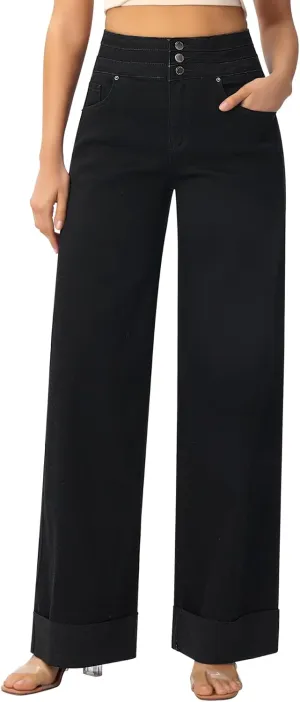 roswear Women's High Waisted Stretchy Wide Leg Jeans Cuffed Baggy Jeans Loose Denim Pants
