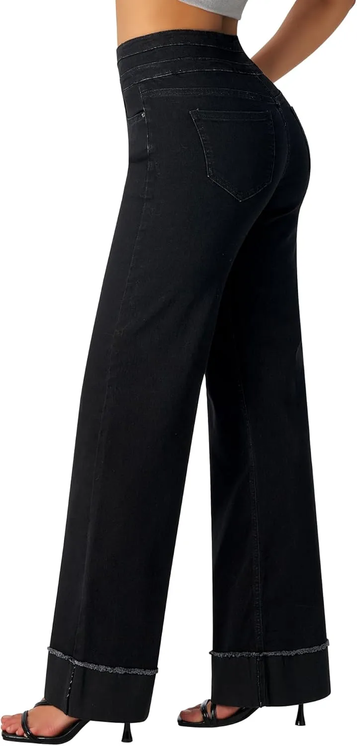 roswear Women's High Waisted Stretchy Wide Leg Jeans Cuffed Baggy Jeans Loose Denim Pants
