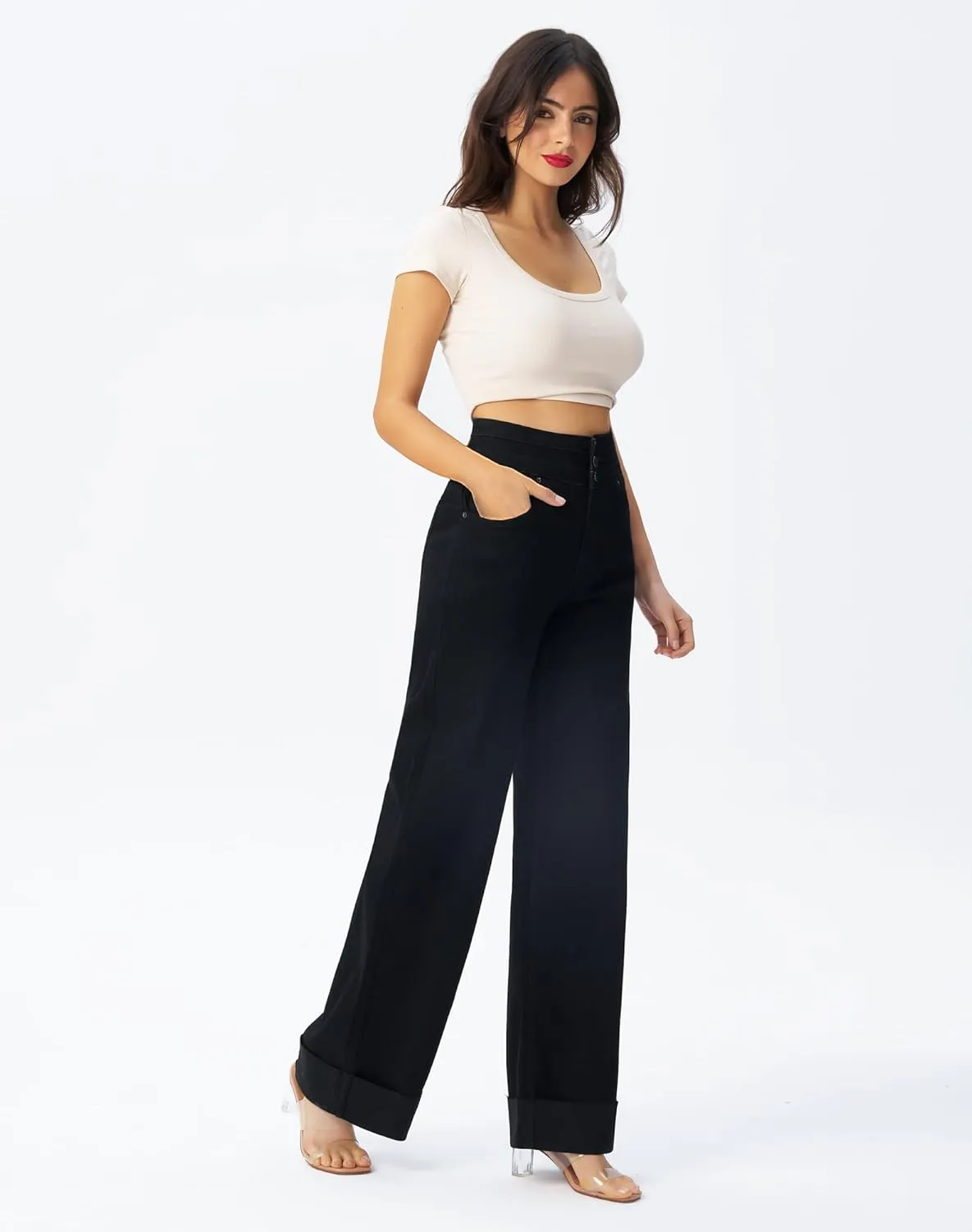 roswear Women's High Waisted Stretchy Wide Leg Jeans Cuffed Baggy Jeans Loose Denim Pants