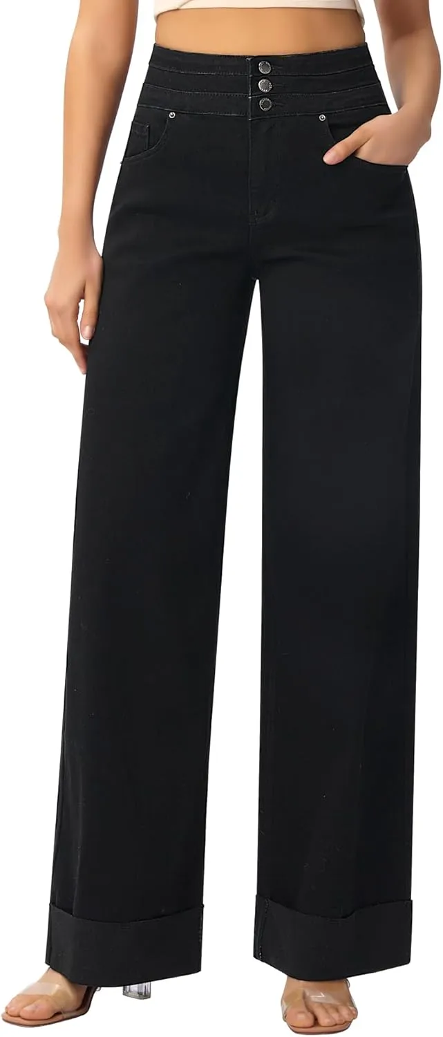 roswear Women's High Waisted Stretchy Wide Leg Jeans Cuffed Baggy Jeans Loose Denim Pants