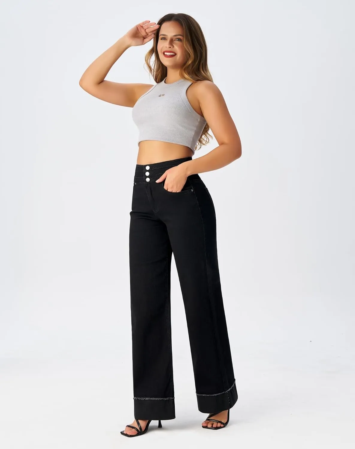 roswear Women's High Waisted Stretchy Wide Leg Jeans Cuffed Baggy Jeans Loose Denim Pants