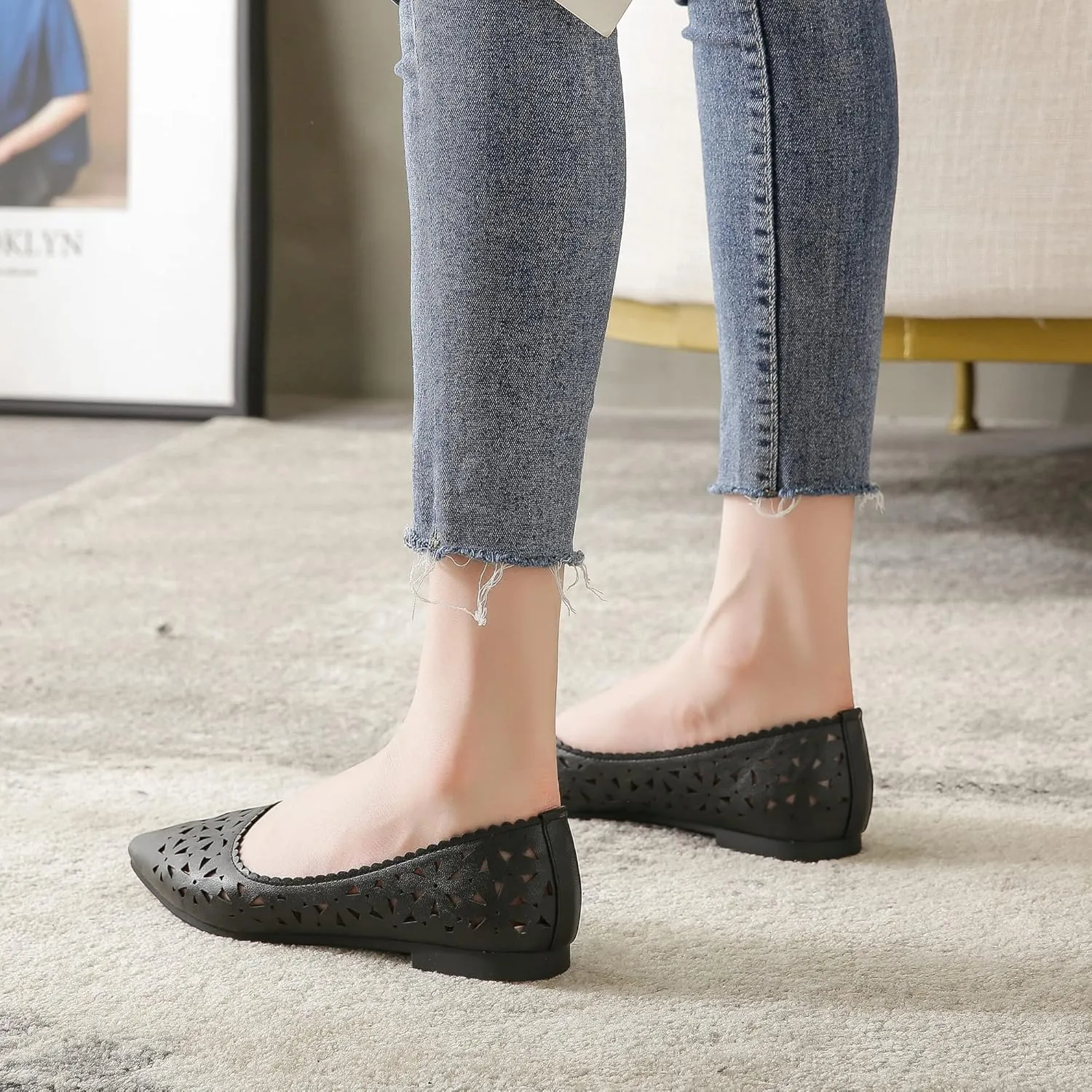 SAILING LU Flats Shoes for Women Breathable Sandals Women's Flats Pointed Toe Loafers with Eyelets