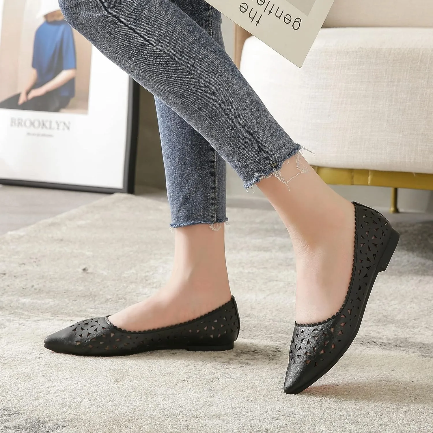 SAILING LU Flats Shoes for Women Breathable Sandals Women's Flats Pointed Toe Loafers with Eyelets