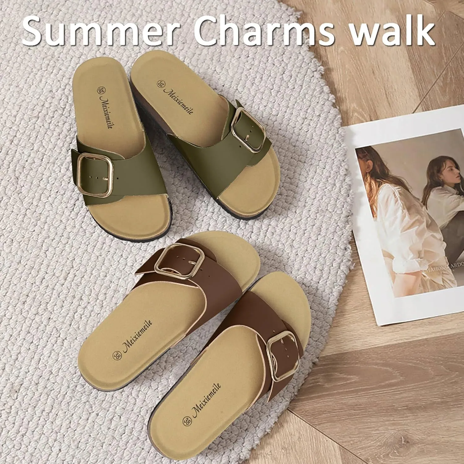 Sandals for Women Memory Foam Insole Womens Sandals Comfortable Genuine Leather Sandals Classic Cork Antislip Slippers