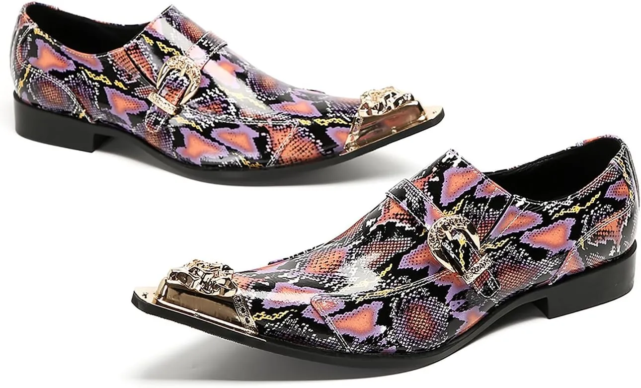 Santimon Mens Loafers Disco Party Dress Slip On Casual Leather Metal Pointed Toe Buckle Shoes Wedding Ballroom Fashion Western Summer Shoes for Men