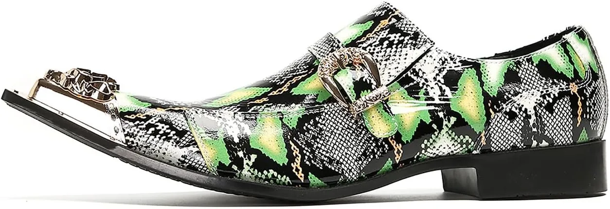 Santimon Mens Loafers Disco Party Dress Slip On Casual Leather Metal Pointed Toe Buckle Shoes Wedding Ballroom Fashion Western Summer Shoes for Men