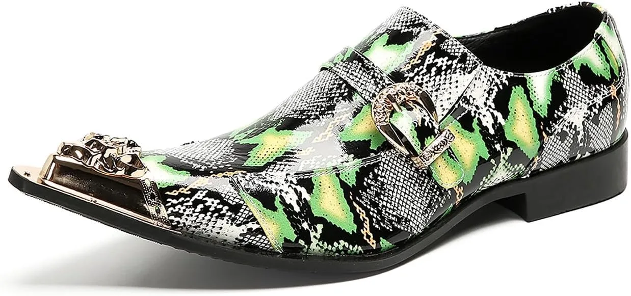 Santimon Mens Loafers Disco Party Dress Slip On Casual Leather Metal Pointed Toe Buckle Shoes Wedding Ballroom Fashion Western Summer Shoes for Men