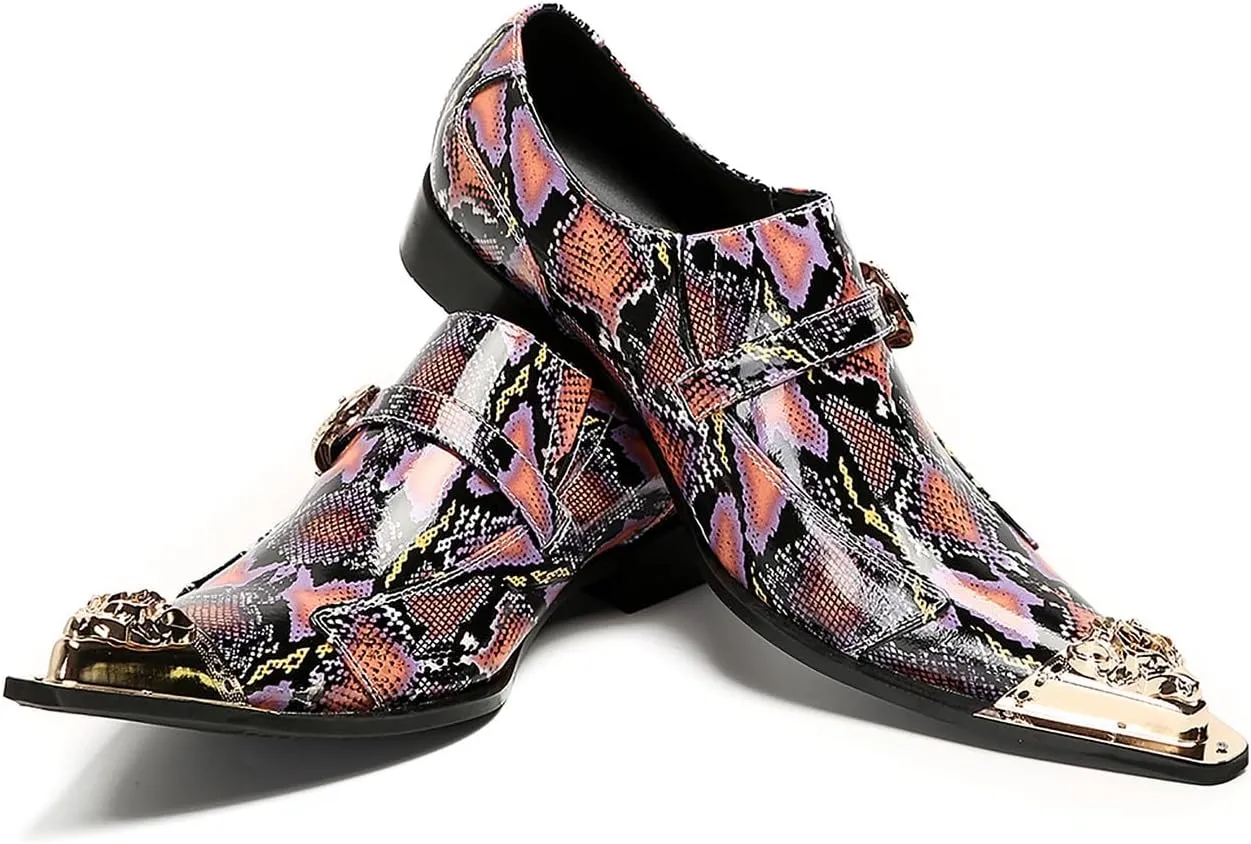 Santimon Mens Loafers Disco Party Dress Slip On Casual Leather Metal Pointed Toe Buckle Shoes Wedding Ballroom Fashion Western Summer Shoes for Men