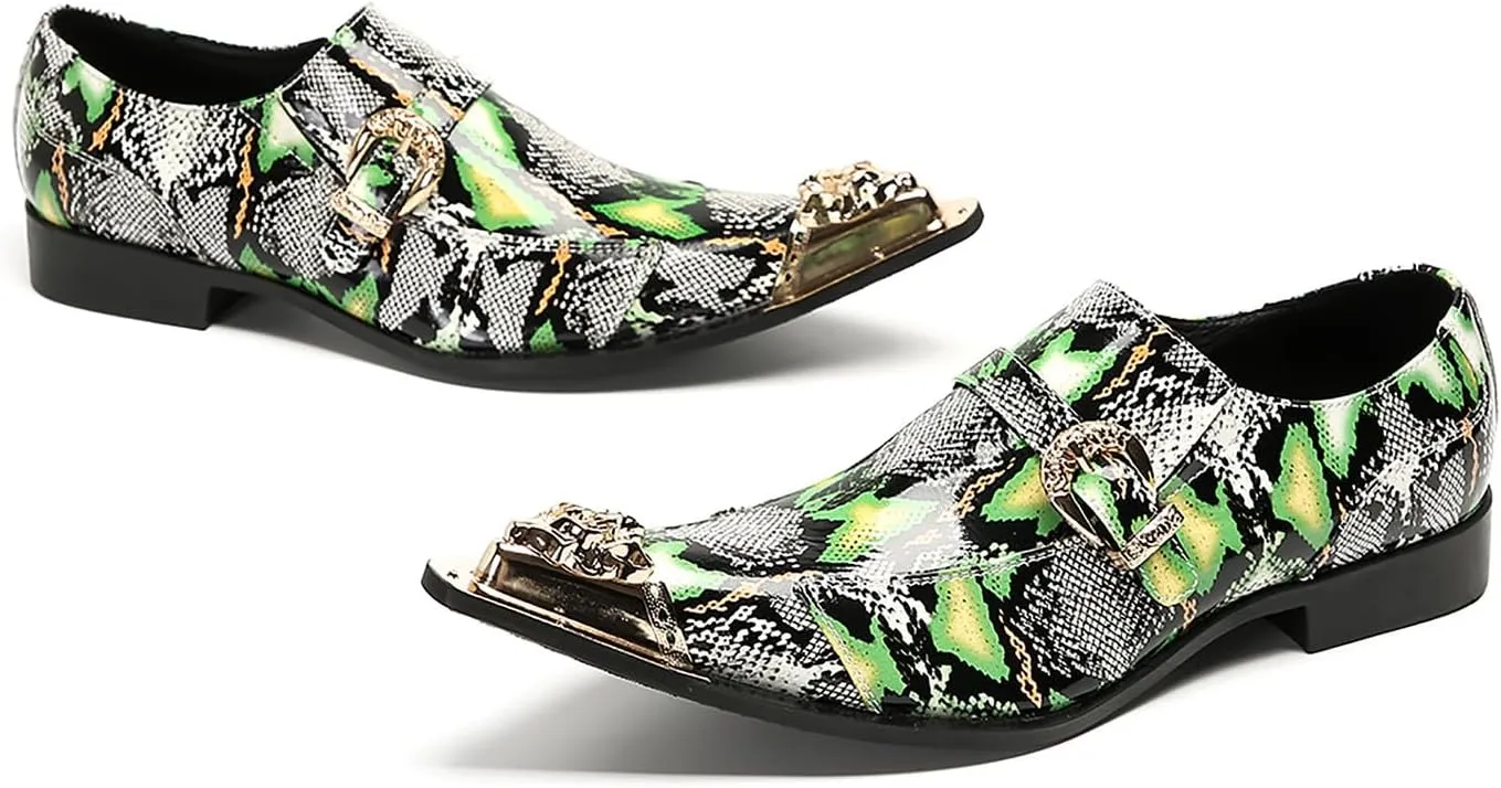 Santimon Mens Loafers Disco Party Dress Slip On Casual Leather Metal Pointed Toe Buckle Shoes Wedding Ballroom Fashion Western Summer Shoes for Men