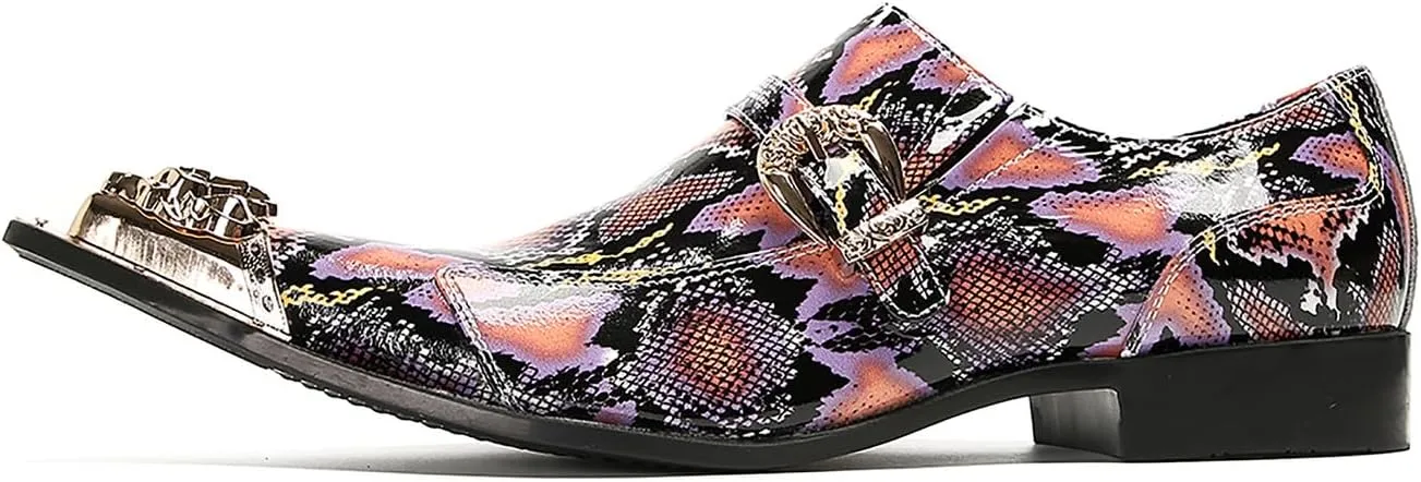 Santimon Mens Loafers Disco Party Dress Slip On Casual Leather Metal Pointed Toe Buckle Shoes Wedding Ballroom Fashion Western Summer Shoes for Men