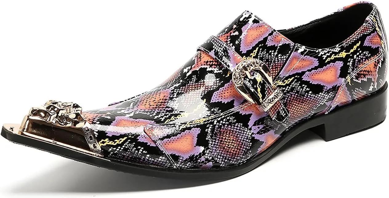 Santimon Mens Loafers Disco Party Dress Slip On Casual Leather Metal Pointed Toe Buckle Shoes Wedding Ballroom Fashion Western Summer Shoes for Men